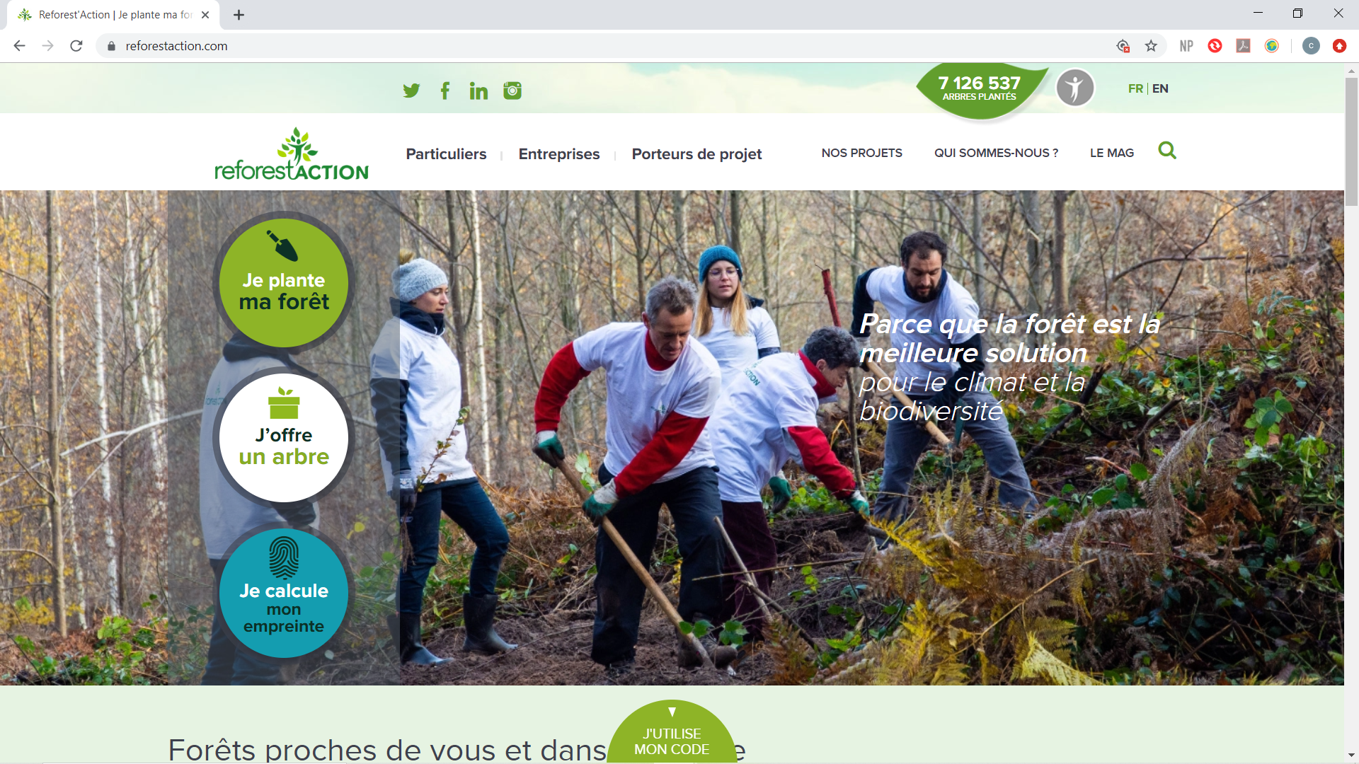 Capture d'écran du site internet de Reforestaction